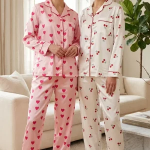 Women’s Autumn Winter Satin Striped Digital Printing Full Length Long Sleeve Two-Piece Pajamas Set HomeWear