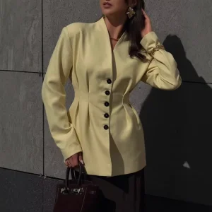 Women’s Autumn Winter Single-Breasted Long-Sleeved Jacket V-Neck Blazer