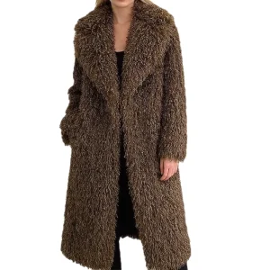 Women’s Autumn Winter Slim Faux Fur Wool Blend Long Blazer Style Coat with Turn Down Collar and Pockets