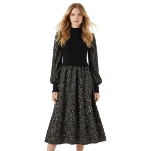 Women’s Autumn Winter Sweater Mosaic Floral Fabric Knit Dress Retro Rasual Sweater Splicing Fabric Small Waist Show Knit Dress