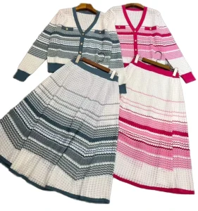 Women’s Autumn Winter Sweater Set V Neck Striped Button Ankle Length Cardigan Tops+Long Knitted Skirt