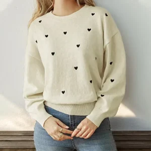 Women’s Autumn Winter Sweater Top with Love Pattern Crew Neck Long Casual Knit Pullover for Women