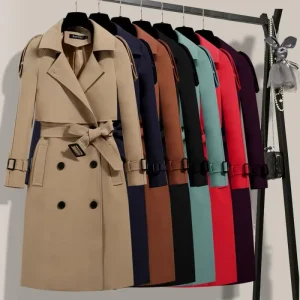 Women’s Autumn Winter Trench Coat Belt Turn Down Collar Overcoat Solid Color Long Sleeve