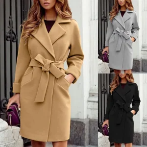 Women’s Autumn Winter Trench Coat Slim Fit Belt Turn Down Collar Woolen Overcoat Solid Color Long Sleeve