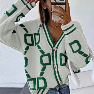 Women’s Autumn Winter V Neck Casual Cardigan Sweater Geometric Pattern Single Breasted Knitted Cardigan Female Sweater