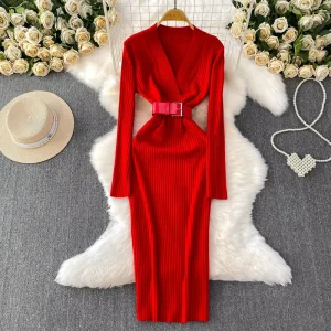 Women’s Autumn Winter V-neck Long Sleeve Underlay Pit Strip Knitted Elegant Long Skirt Dress