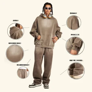 Women’s Autumn Winter Washed Vintage Hooded Sweatshirt and Sweatpants Set with Brushed Fleece Retro Casual Sportswear