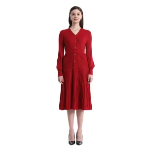 Women’s Autumn Woolen Cashmere Natural Casual Vintage Long Sleeve Knit Breathable Midi Dress V Neck Elastic Waist A Line Tiered