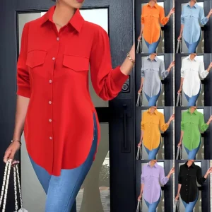 Women’s Autumn and Winter Cardigan Shirt New Style Slim Fit Long Sleeved Solid Pattern Simple Sweet Fashion for Parties
