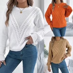 Women’s Autumn and Winter Casual Solid Color Regular Sleeve Sweater with Front Logo 100% Acrylic