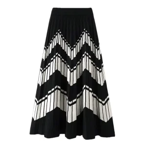 Women’s Autumn and Winter High Waist Pleated Umbrella Skirt Mid length Stitching Elastic Knitted A line Long Skirt