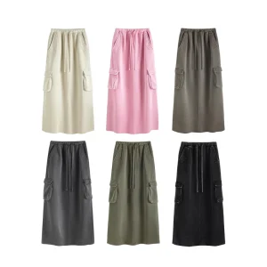 Women’s Autumn and Winter Pear Shape Loose-fit Washed Midi Skirt Fleece-lined Long Skirt Multi-flap Pocket