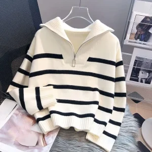 Women’s Autumn and Winter Thickened Inner Wear Zipper Striped Bottoming Shirt Top Knitted Long Sleeve Sweater