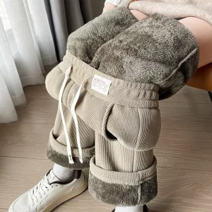 Women’s Autumn and Winter Warm Wide Leg Casual Pants Fleece lined Thickened Warm Thick Pants Corduroy Straight Pants