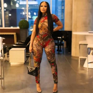 Women’s Backless Fashion Print Perspective Jumpsuit