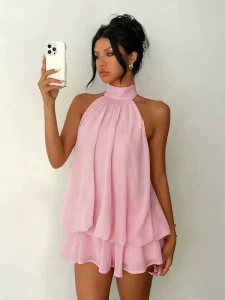 Women’s Backless Halter Neck Ruffle Dress for Summer Sleeveless Flowy Ruffle Mini Dress