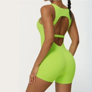 Women’s Backless One Piece Workout Jumpsuit Sleeveless Hollow Out Fitness Bodysuit Short Yoga Sets Romper