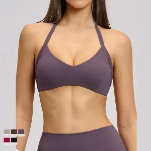 Women’s Backless Sexy Halter Thin Strap Yoga Bra Breathable High Support Solid Fitness Running Bra