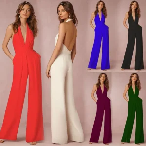 Women’s Backless Solid Sleeveless Rompers Casual Overalls Halter Sexy Jumpsuit