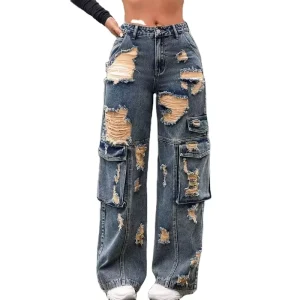 Women’s Baggy Jeans Spandex Cotton Breathable Multi-Pockets Design Faded Washed Denim Pants Wide Leg Cargo Jeans