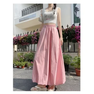 Women’s Balloon Long Skirts Street Style Solid High Elastic Waist Flowy Loose Cargo Skirts for Grunge Aesthetic Women Clothes