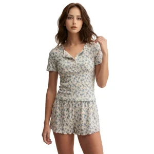 Women’s Bamboo Fiber Floral Print Pajama Set Short Sleeve Henley Top With Ruffle Hem Shorts Loungewear Sleepwear
