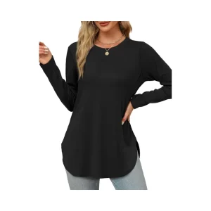 Women’s Basic Loose Tunic Tops Long Sleeve Round Neck Shirts with Side Split Casual Anti-Pilling Features