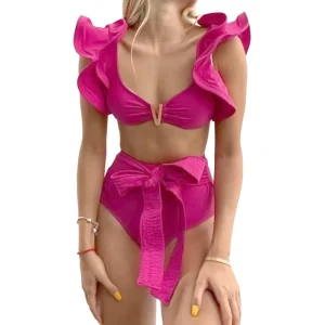 Women’s Bathing Suits High Waist Solid Thong Bottom Unique Striped Girls 2 Piece Swimwear Custom DTG Print Women Bikini Set