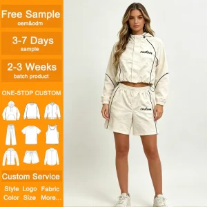 Women’s Beige Cropped Windbreaker Shorts Set Custom Logo Quick Dry Sportswear Tracksuit