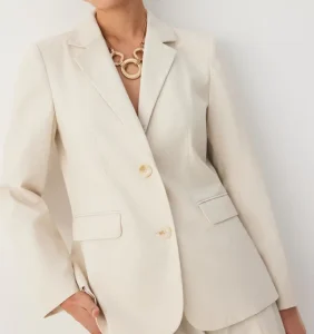 Women’s Beige Linen Blend Single Breasted Blazer Lapel Collar Long Sleeve Elegant Office Suit Jacket