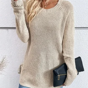 Women’s Beige Marled Knit Crew Neck Tunic Sweater Casual Raglan Sleeve Pullover Side Slit Comfortable Knitwear