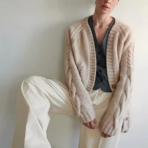 Women’s Beige Merino Wool Cardigan Knitted Button Cardigan with Exquisite Cable Patterns