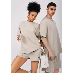 Women’s Beige Oversized T Shirt Short Sleeve Crew Neck Streetwear Unisex Logo Print Loose Fit Lounge Activewear Couple Matching