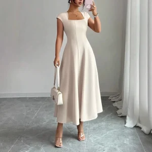 Women’s Beige Square Neck Cap Sleeve Knee-Length 100% Cotton A-Line Flared Dress for Leisure