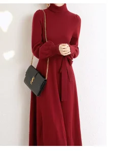 Women’s Belted Knit Sweater Midi Dress Turtleneck Lantern Sleeve Waist Tie Belted A Line Winter Elegant