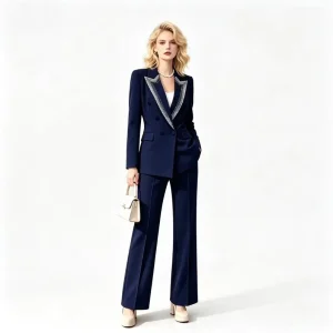 Women’s Black 2 Piece Breathable Blazer Suit with Button Detail Blazer and Wide Leg Pants for Office and Formal Events