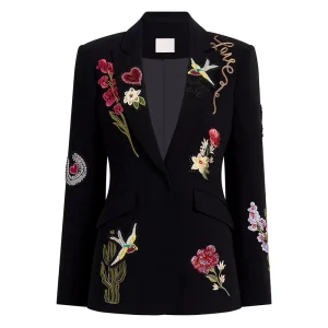 Women’s Black Blazer with Floral Heart and Bird Embroidery