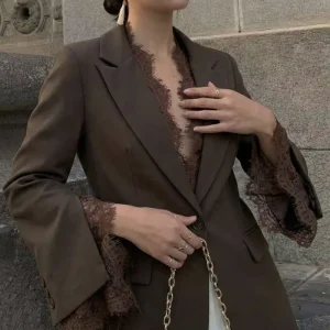 Women’s Black Designer Blazer Lace Fringe Single Button Office Lady Business Suit Double Breasted Closure Woolen Fabric Knitted