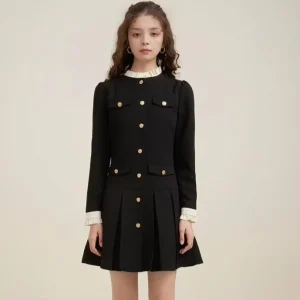 Women’s Black Dress Lapel Long Sleeve Waist Button Up Pleated Buttons Autumn Spring Front