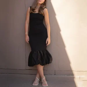 Women’s Black Midi Dress Neck Bodycon Bubble Hem Party Dress
