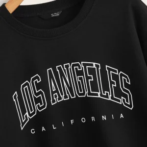 Women’s Black Pullover Hoodie with Letter Graphic Embroidery Los Angeles Crewneck Sweatshirt 100% Cotton for Winter