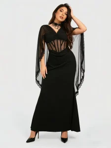 Women’s Black Shawl Style V Neck Fishbone Sheer Lace Long Fishtail Dress
