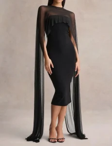 Women’s Black Sheer Cape Overlay Bodycon Midi Backless Dress Formal Evening Wear for Parties