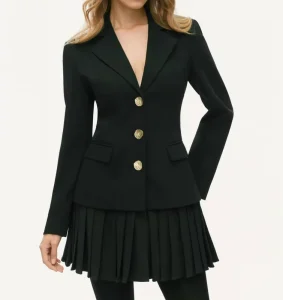 Women’s Black Single Breasted Blazer & Pleated Skirt Set Gold Button Lapel Collar Elegant Office Suit Two Piece Outfit