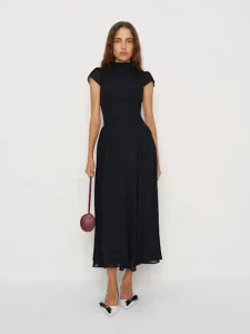Women’s Black Slim Fit Stand Collar Short Sleeve Pleated Midi Dress Formal Daily Casual Fit and Flare Silhouette Knitted Fabric