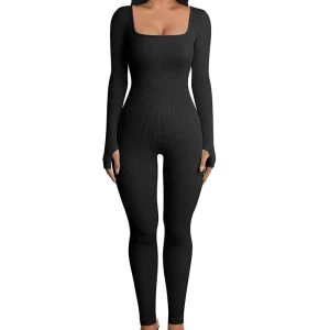 Women’s Black Soft Elastic Long Sleeve Ribbed Jumpsuit One Piece Bodysuit Workout Yoga Fitness Romper