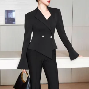 Women’s Black Solid Double Breasted Blazer with Button Asymmetric Hem Flared Sleeves