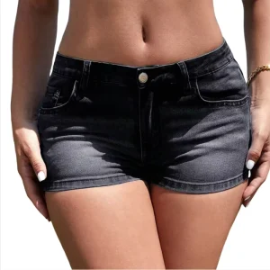 Women’s Black Straight Cut Low Waist Stretch Denim Shorts Casual Style Skinny Jeans with Sexy Print Washed Technique