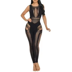 Women’s Black Summer Sexy One Piece Jumpsuit Breathable Knitted Active Wear with Backless Hollow Design for Night Club Outings