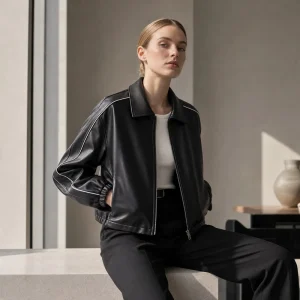 Women’s Black Top Grain Sheepskin Leather Jacket, Lapel Zip White Contrast Stripe Drop Shoulder Cropped Sport Outerwear
